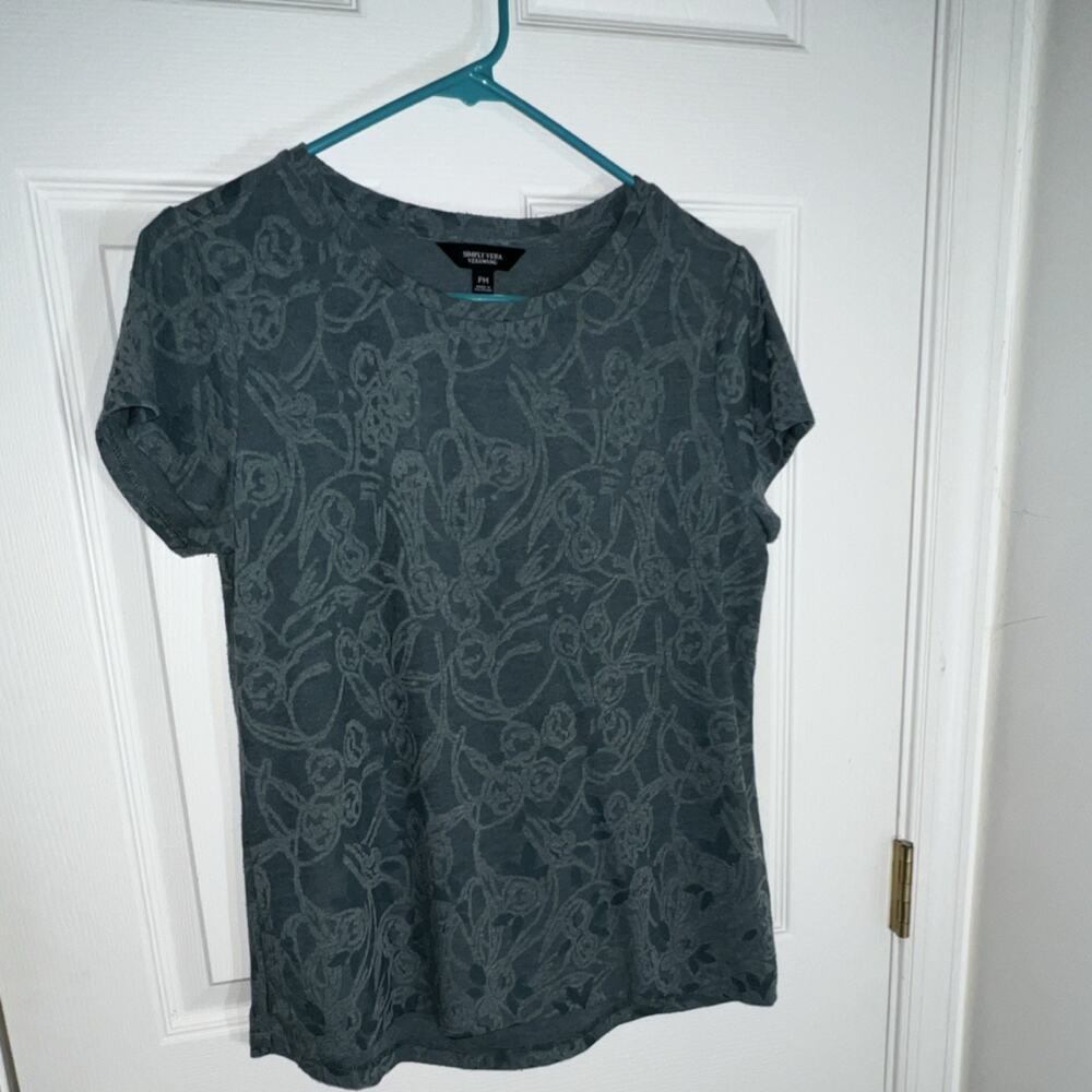 Simply Vera Wang PM Greenish/Gray Floral Knit T-Shirt Short Sleeve Petite MED